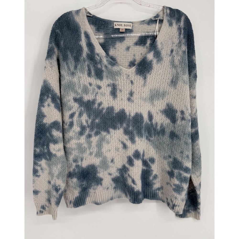Knox Rose Blue White Tie Dye V-Neck Pointelle Knit Sweater Sz XL Pullover Boho